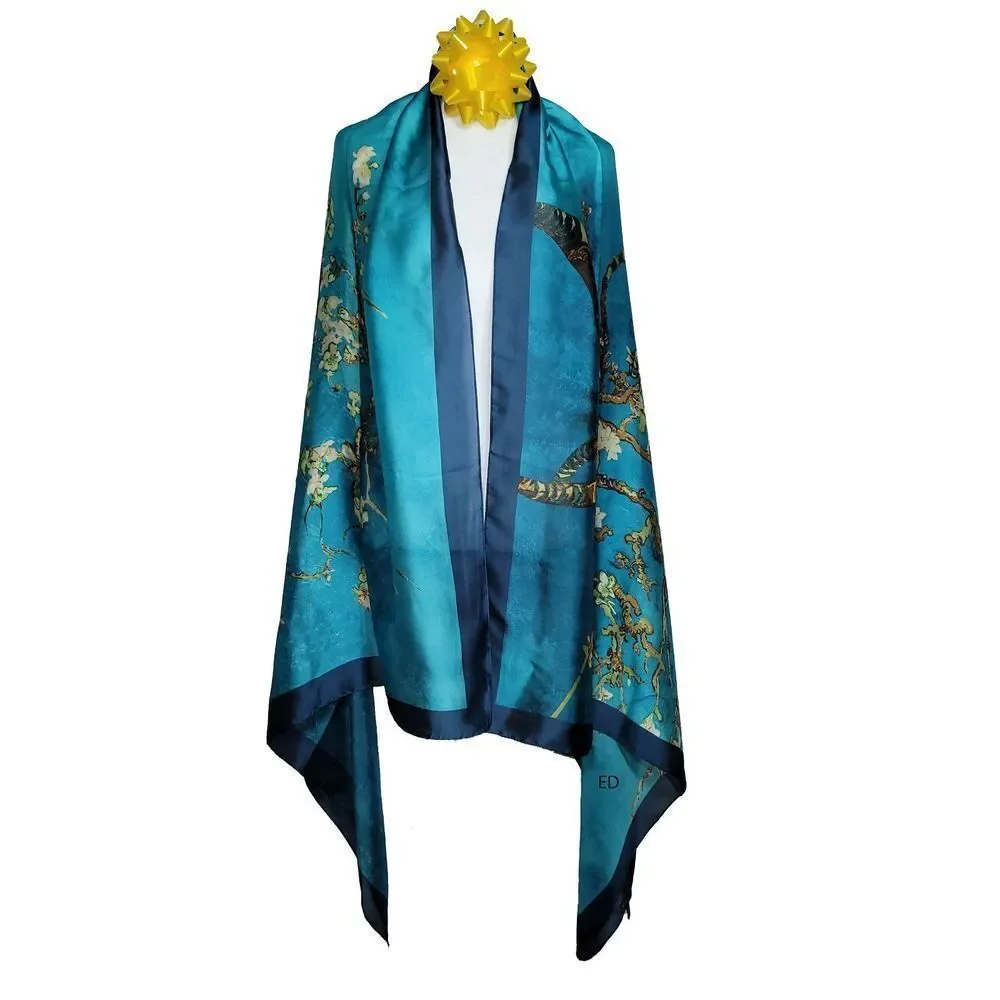 NWT Silk Scarf Van Gogh's Paint Turquoise 'Almond blossom' 35" x 70" LJD0235 - Picture 3 of 5